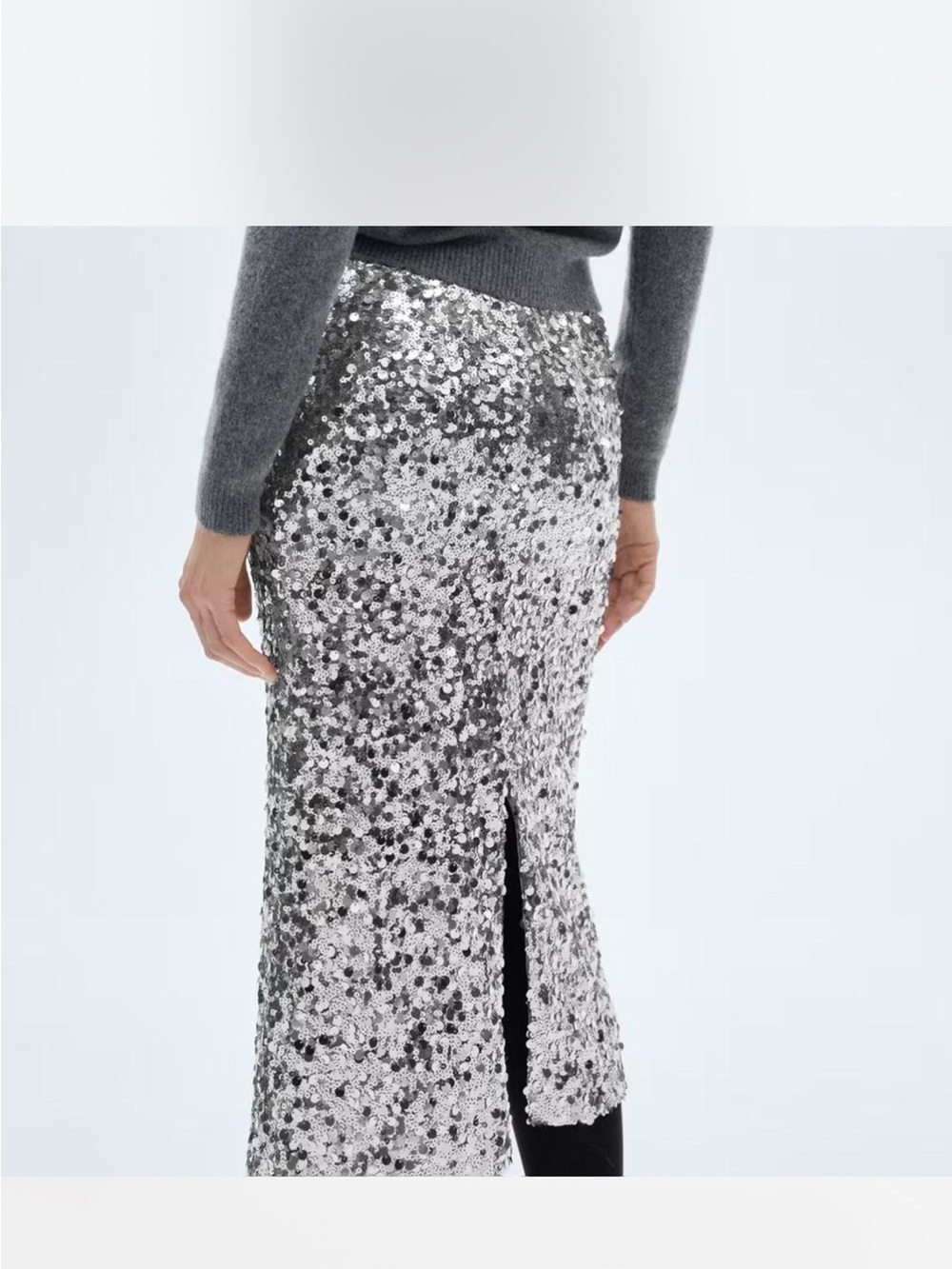 Mango Silver Sequin Midi Skirt with Back Slit